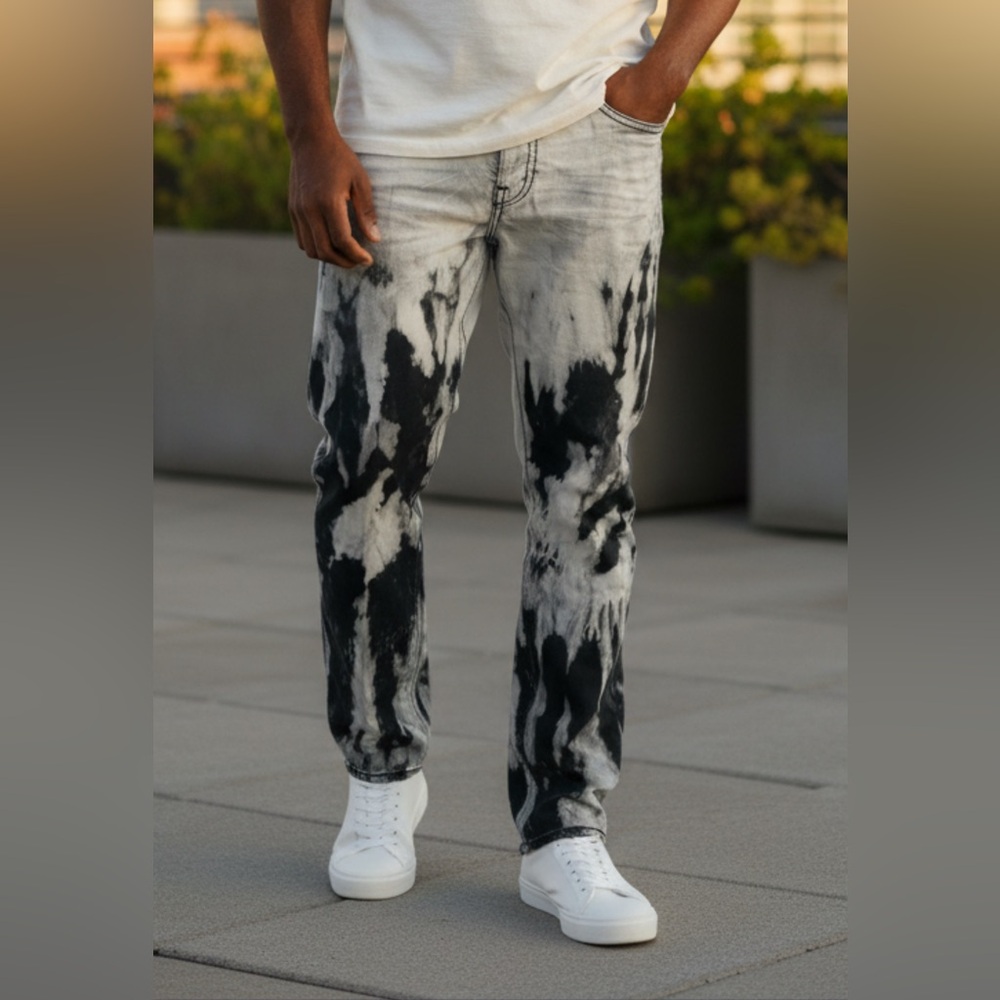 True Religion Ricky Relaxed Straight Leg Black/White Tie-Dye Men Jeans SZ 38